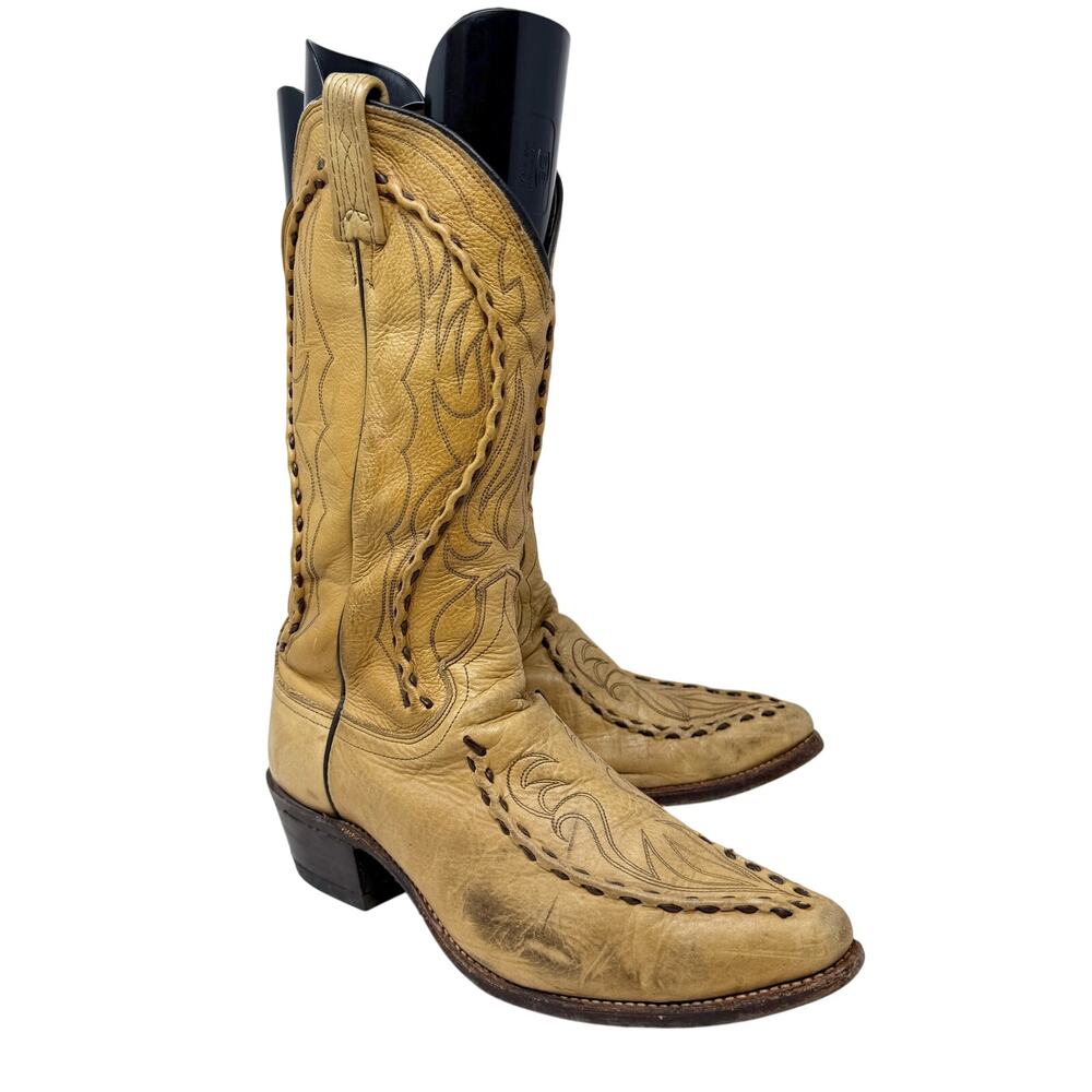 Vintage Dan Post Light Tan Leather Western Boots Men's 8 Pull On Stitched Design